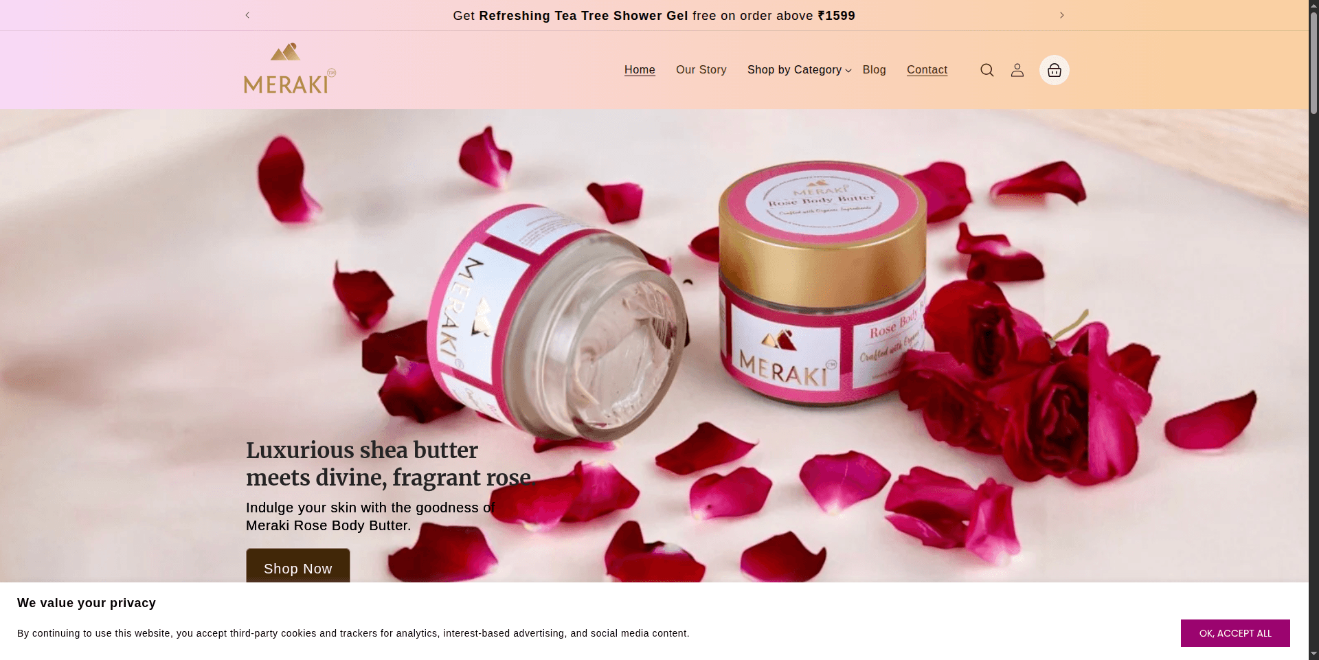 Meraki Beauty — A premium, Ayurveda-rooted skincare and haircare storefront designed to mirror the high-end feel of luxury self-care.